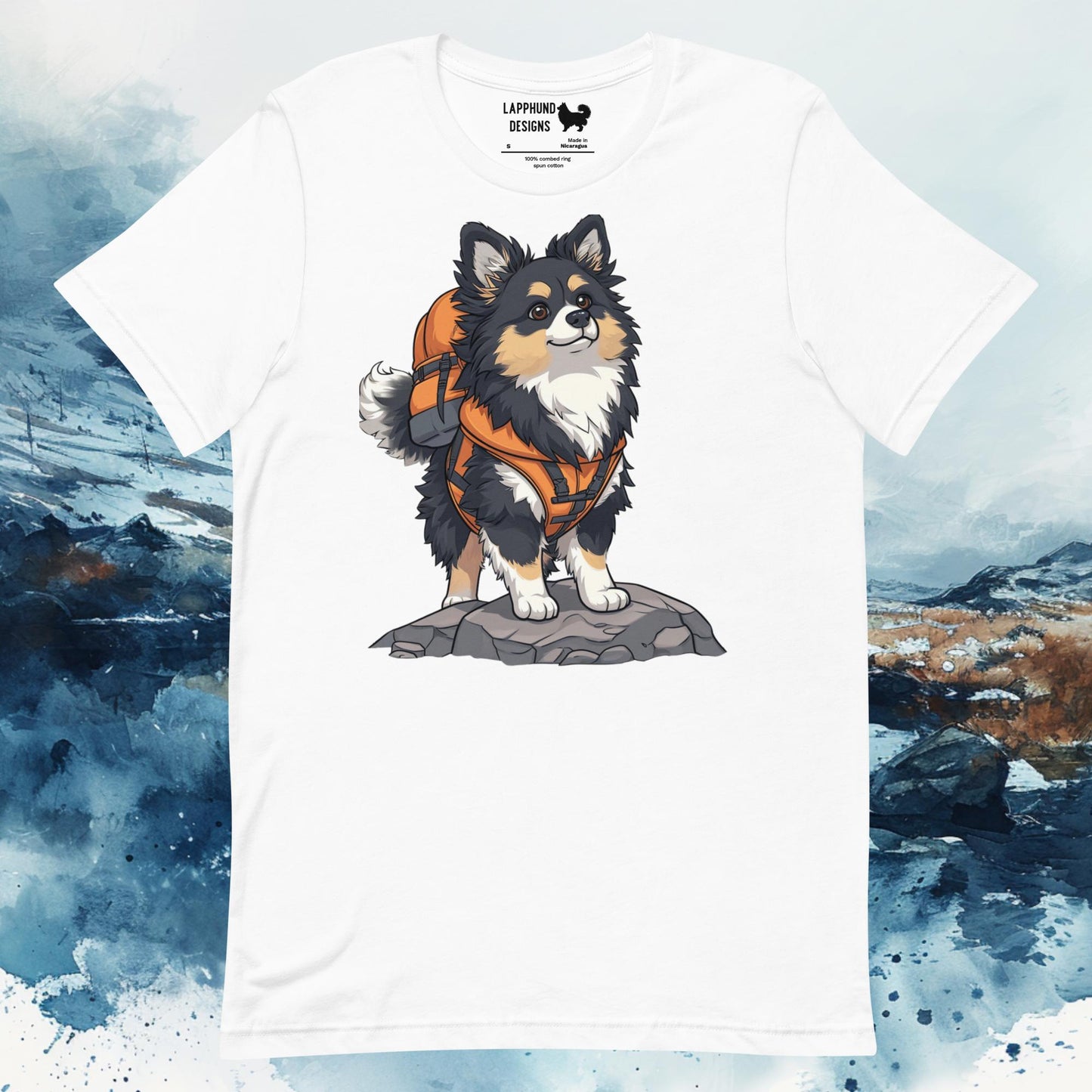 Hiking Hero Lapphund T-Shirt – Finnish Lapphund Adventure Backpack Design