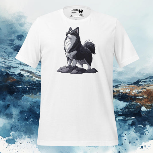 White t-shirt featuring a Finnish Lapphund standing proudly on rocky terrain, perfect for adventurous outdoor-loving dog owners.