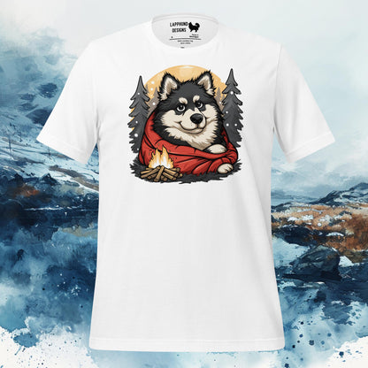 White t-shirt featuring a Finnish Lapphund wrapped in a blanket by a campfire, perfect for cozy-loving outdoor enthusiasts.