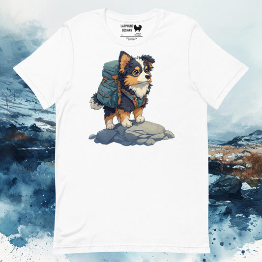 T-shirt featuring a Finnish Lapphund with a hiking backpack on a rock, ideal for nature-loving and adventure-seeking dog owners.