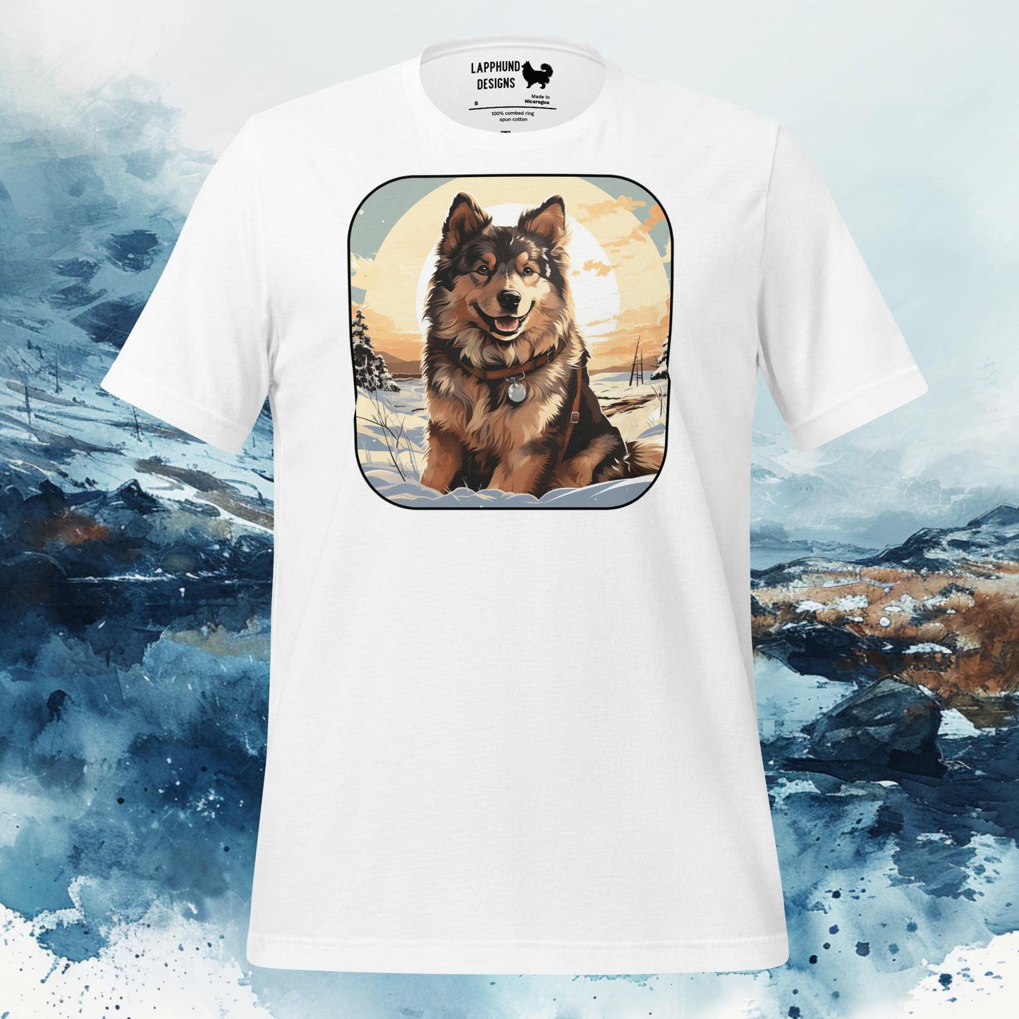 Finnish Lapphund T-Shirt – Snowy Landscape with Lappie Portrait