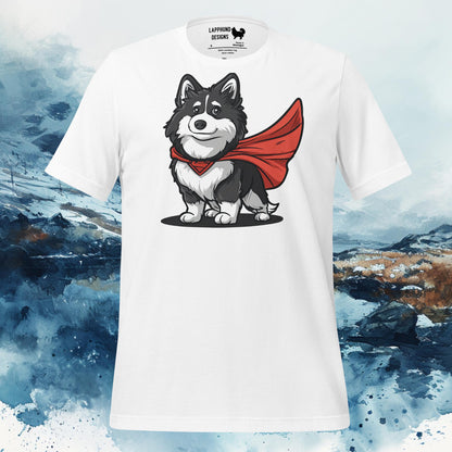 Finnish Lapphund T-Shirt – Superhero Lappie with Red Cape Art