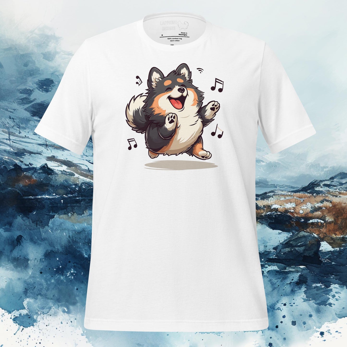 Finnish Lapphund T-Shirt – Dancing Lappie with Musical Notes Art