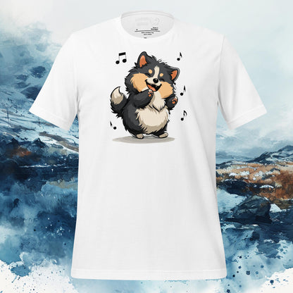 White t-shirt featuring an illustration of a Finnish Lapphund joyfully dancing with musical notes, ideal for Lapphund enthusiasts and dog lovers.