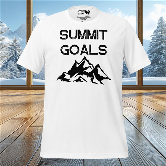 Summit Goals t-shirt with bold mountain graphic, perfect for nature lovers and hiking enthusiasts.