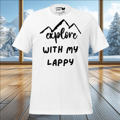 Explore with My Lappy t-shirt featuring a mountain graphic, perfect for Lapphund owners and nature lovers.