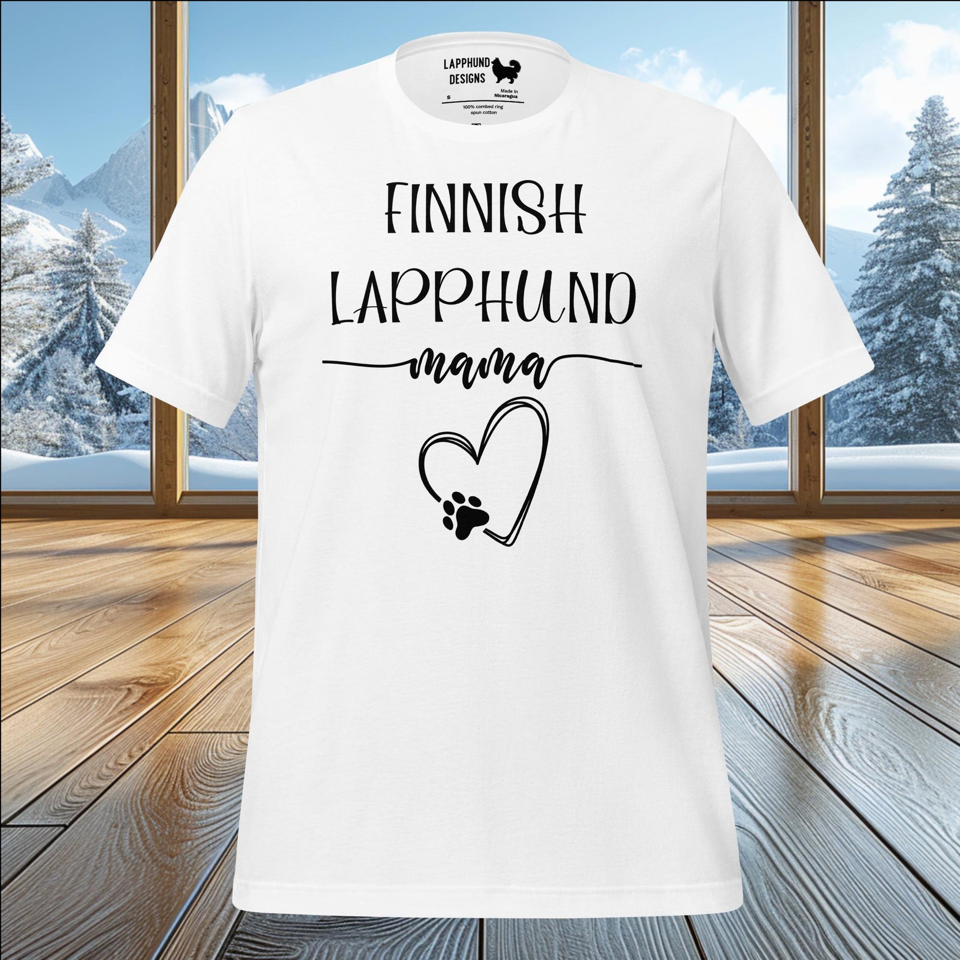 Finnish Lapphund Mama t-shirt featuring heart and paw print design, perfect for proud dog moms and Lapphund lovers.