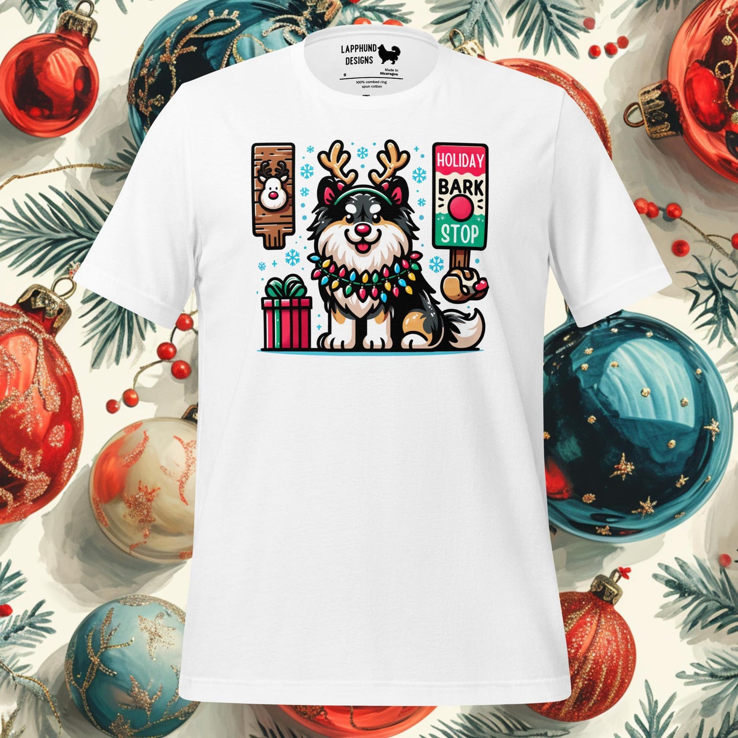 Holiday Bark & Stop Finnish Lapphund Christmas t-shirt featuring a festive design with reindeer antlers and holiday decor.