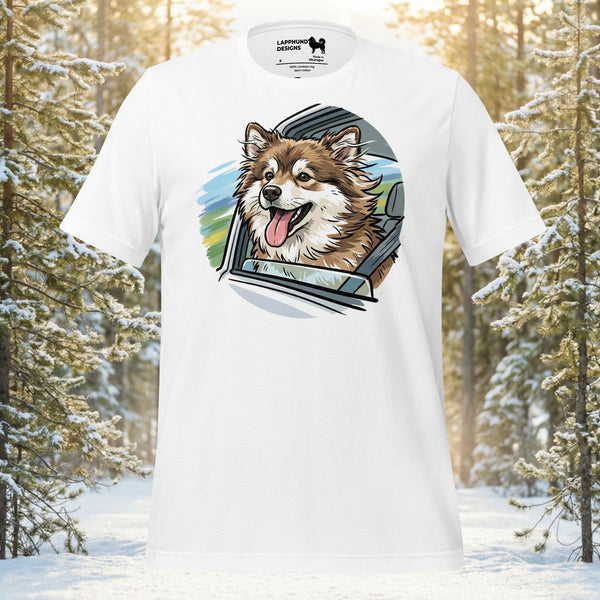 Finnish Lapphund Car Window Road Trip Illustration T-Shirt | Lapphund Designs