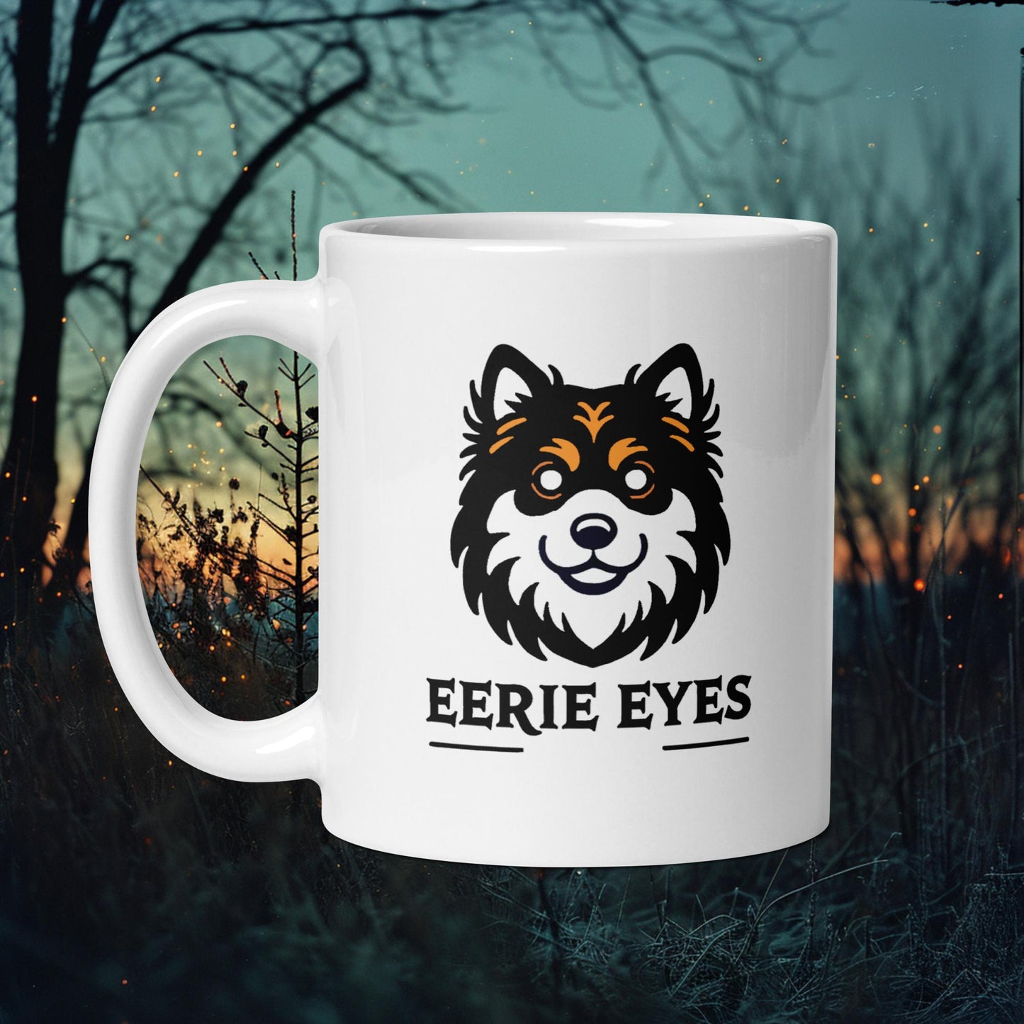 Eerie Eyes Mug – Finnish Lapphund with Spooky Glow-Inspired Design