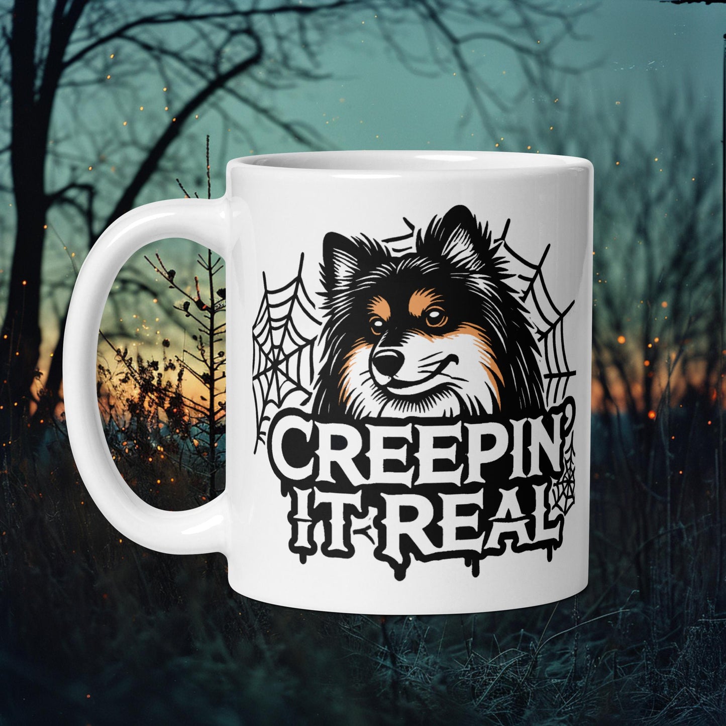 Creepin' It Real Mug – Finnish Lapphund with Webbed Halloween Design