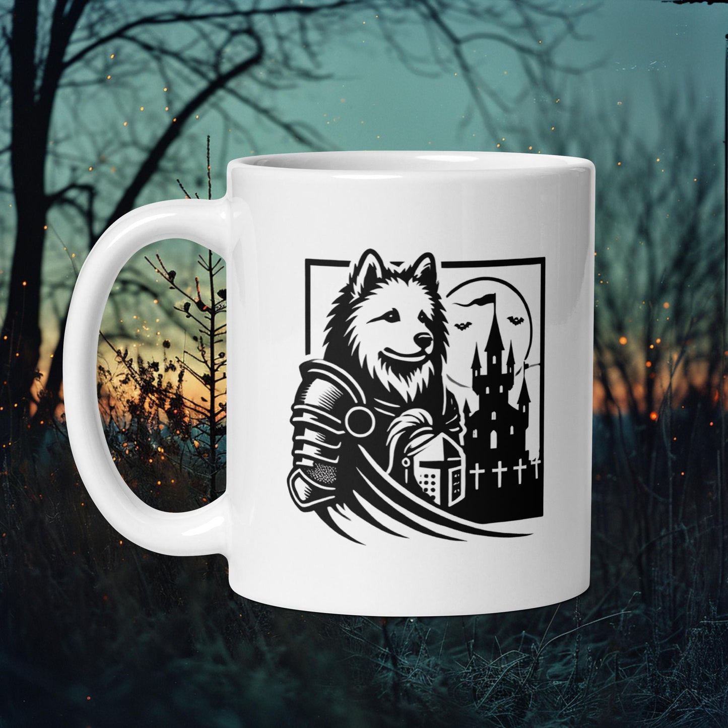 Mug featuring a Finnish Lapphund in gothic armor in front of a haunted castle, perfect for Halloween and medieval dog enthusiasts.