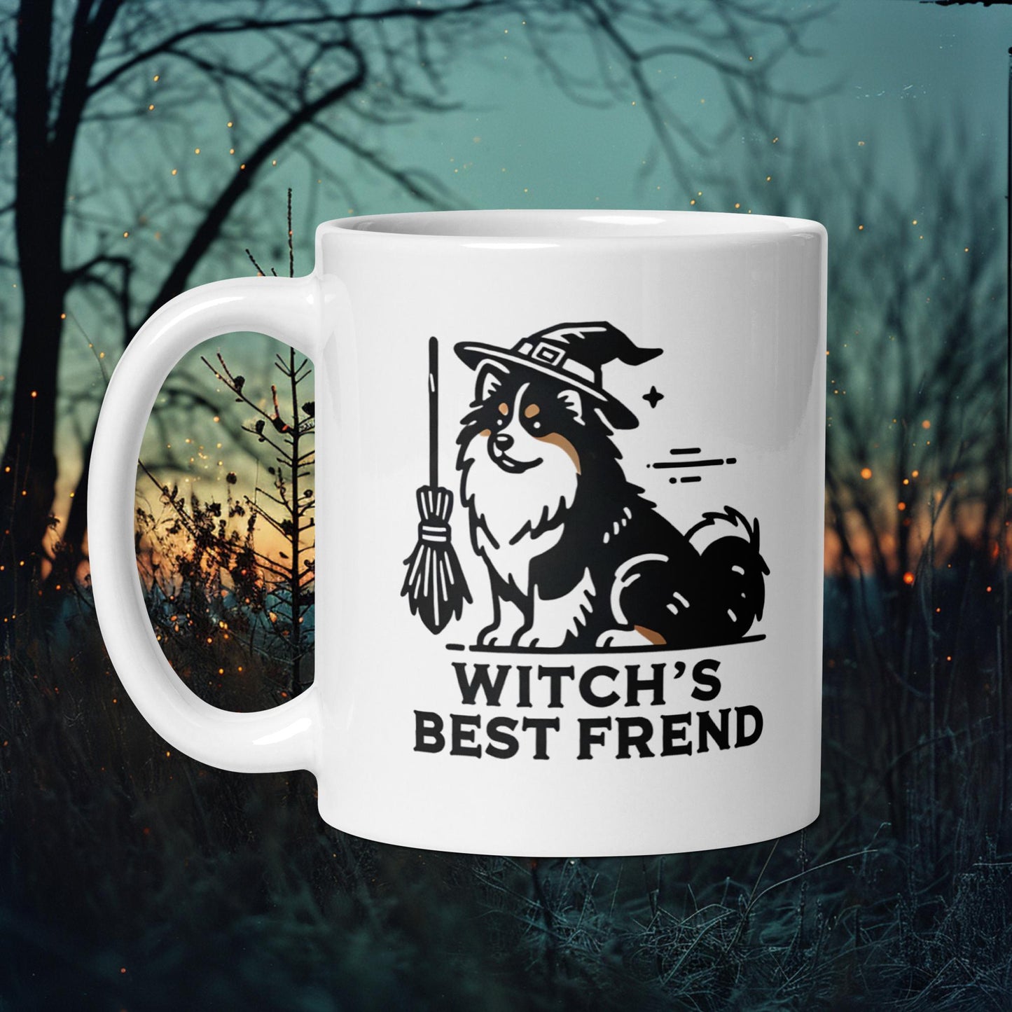 Mug featuring a Finnish Lapphund in a witch's hat with the text 'Witch's Best Friend,' perfect for Halloween and dog enthusiasts.