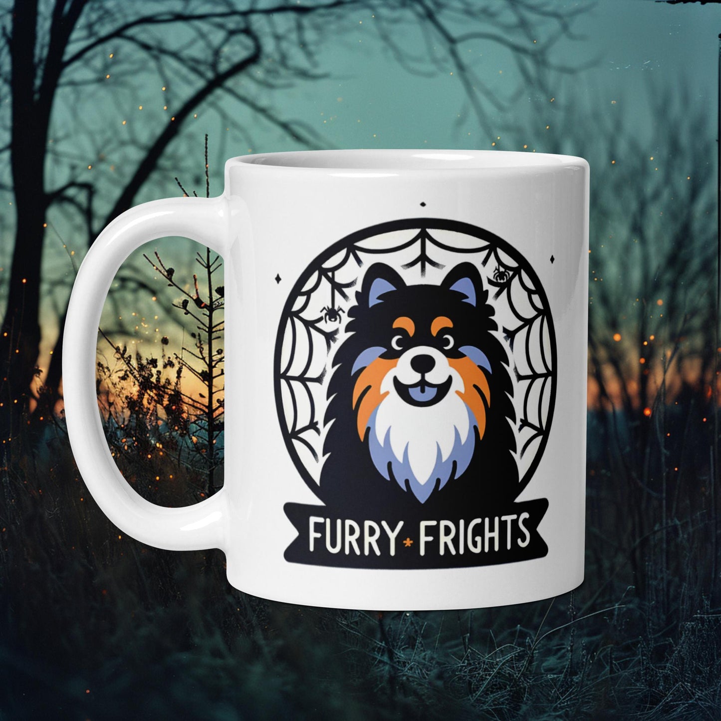 Furry Frights Mug – Finnish Lapphund in Spooky Web Halloween Design