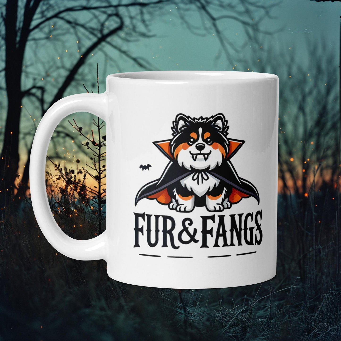 Fur & Fangs Mug – Finnish Lapphund Vampire Halloween Design