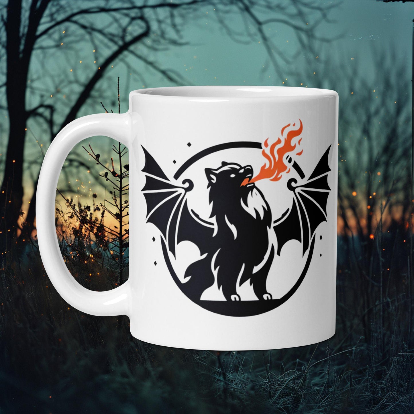 Dragon Lapphund Mug – Finnish Lapphund with Fire-Breathing Halloween Design