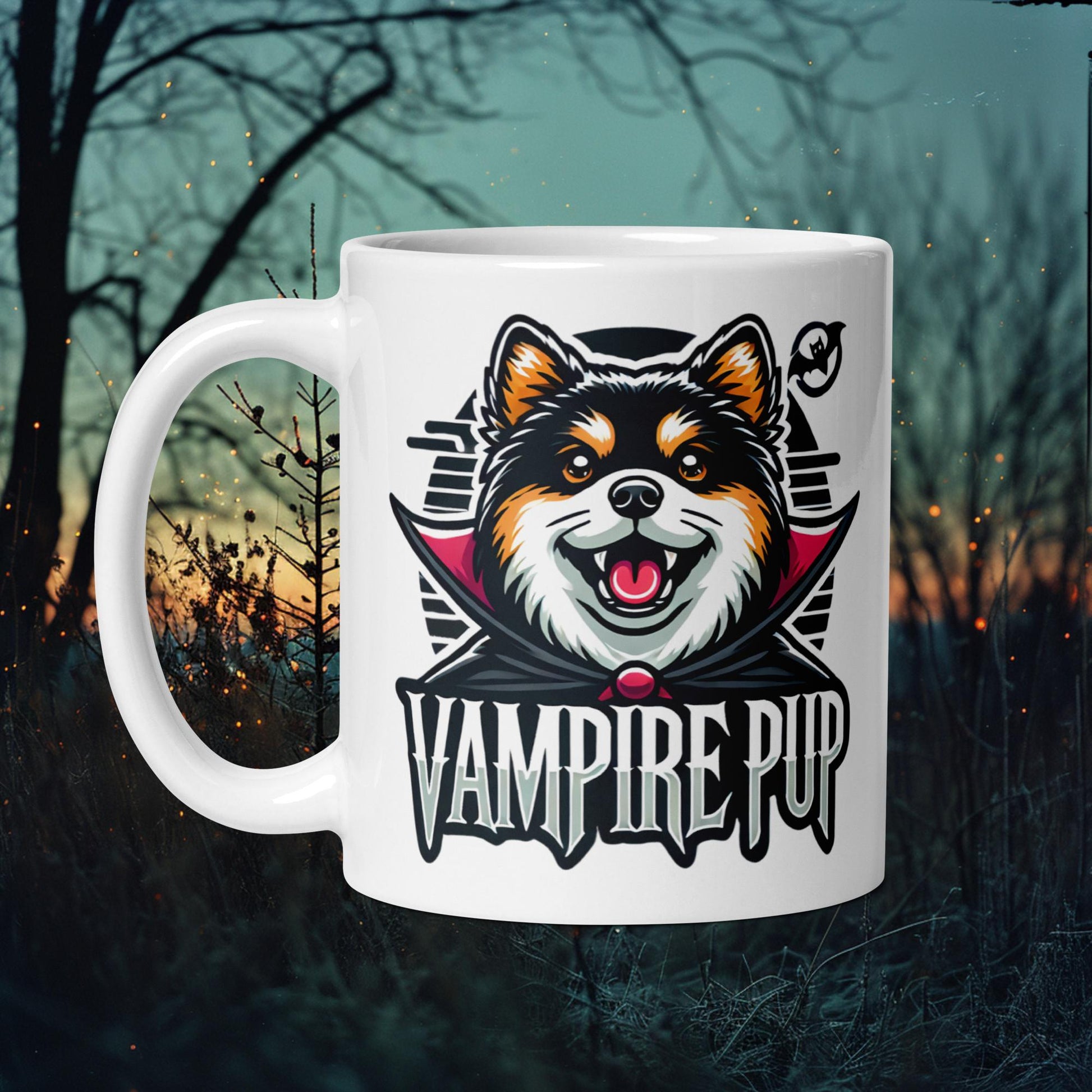 White ceramic mug featuring a Finnish Lapphund dressed as a vampire with the text 'Vampire Pup,' perfect for Halloween enthusiasts.