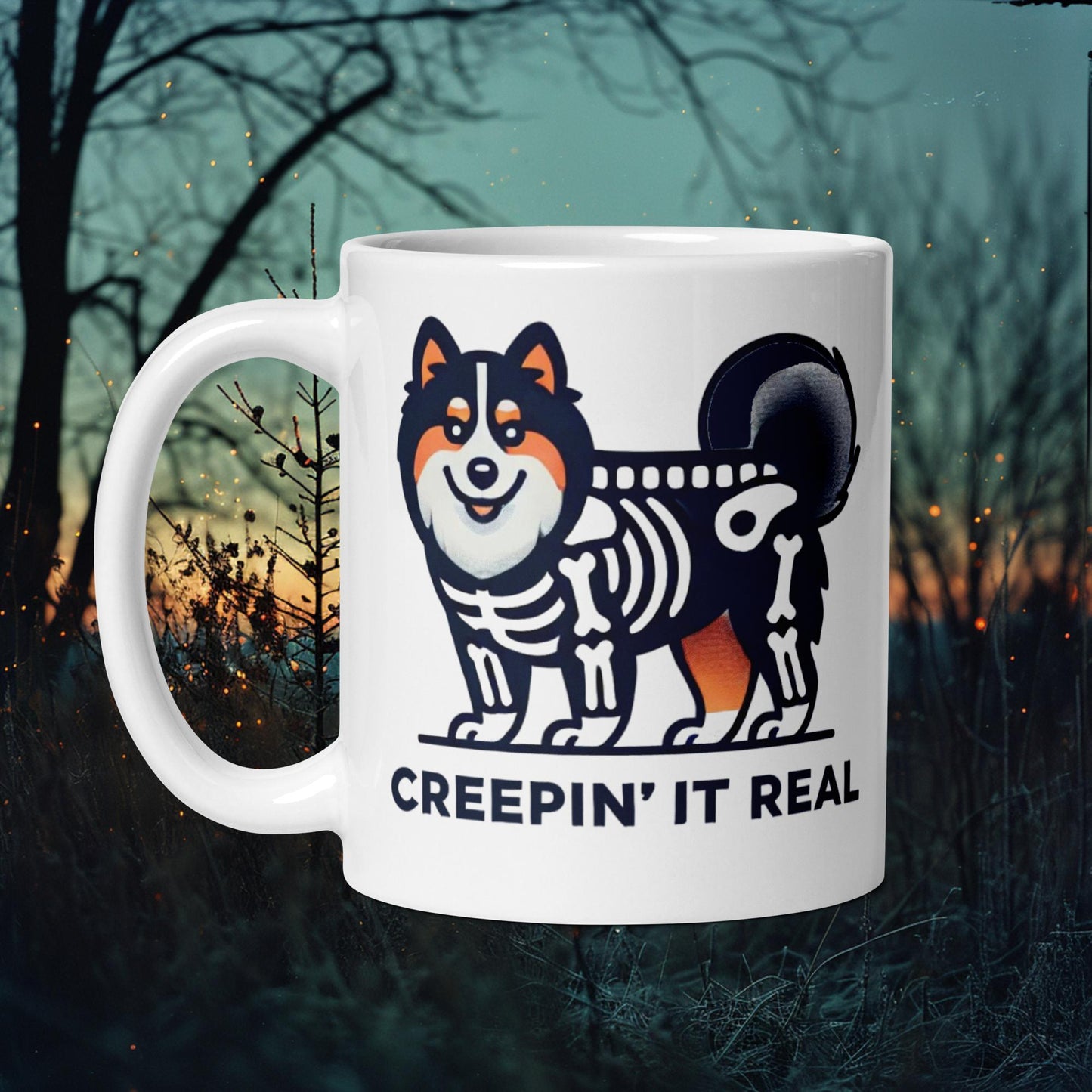 Creepin' It Real Mug – Finnish Lapphund Skeleton Halloween Design