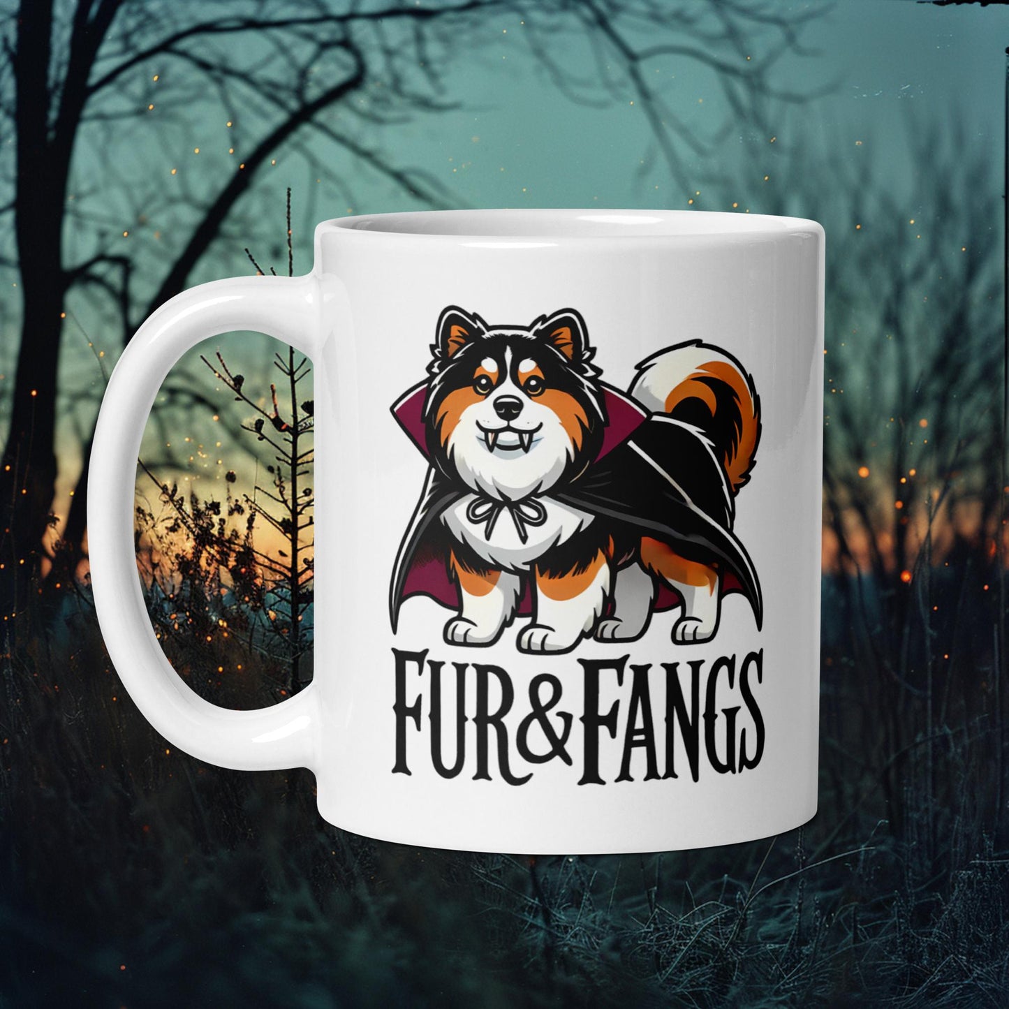 Fur & Fangs Mug – Finnish Lapphund Halloween Vampire Design