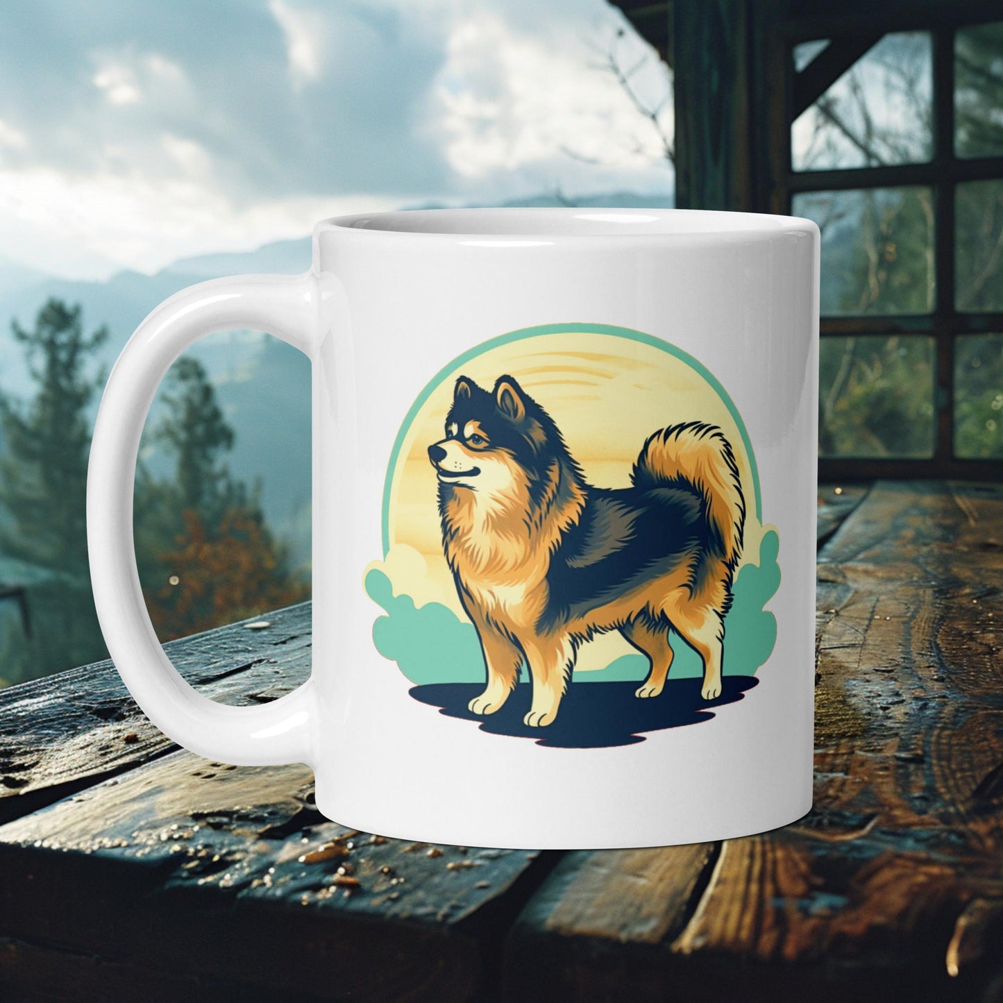 Finnish Lapphund Mug – Proud Lappie in Retro-Inspired Nature Scene