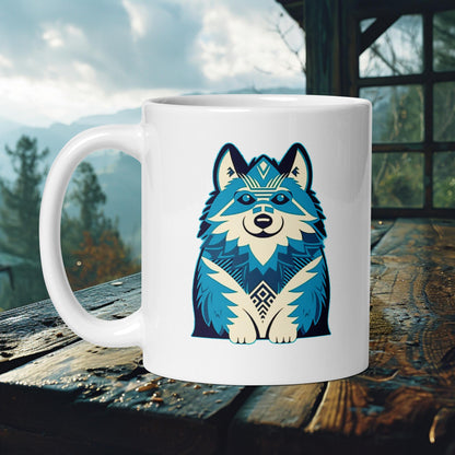 Finnish Lapphund Mug – Vibrant Blue Lappie in Tribal Geometric Art