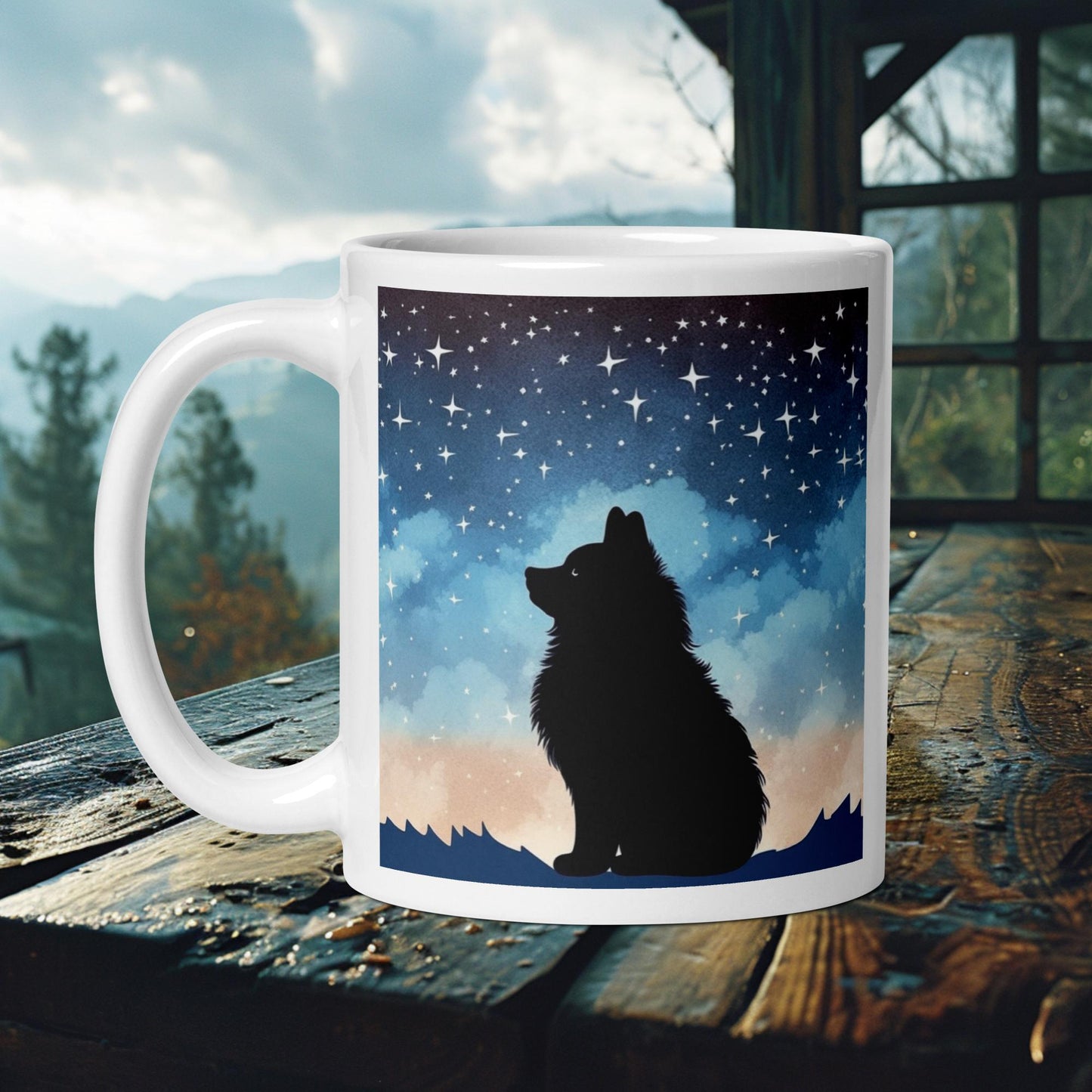 Finnish Lapphund Mug – Stargazing Silhouette Under Night Sky Art