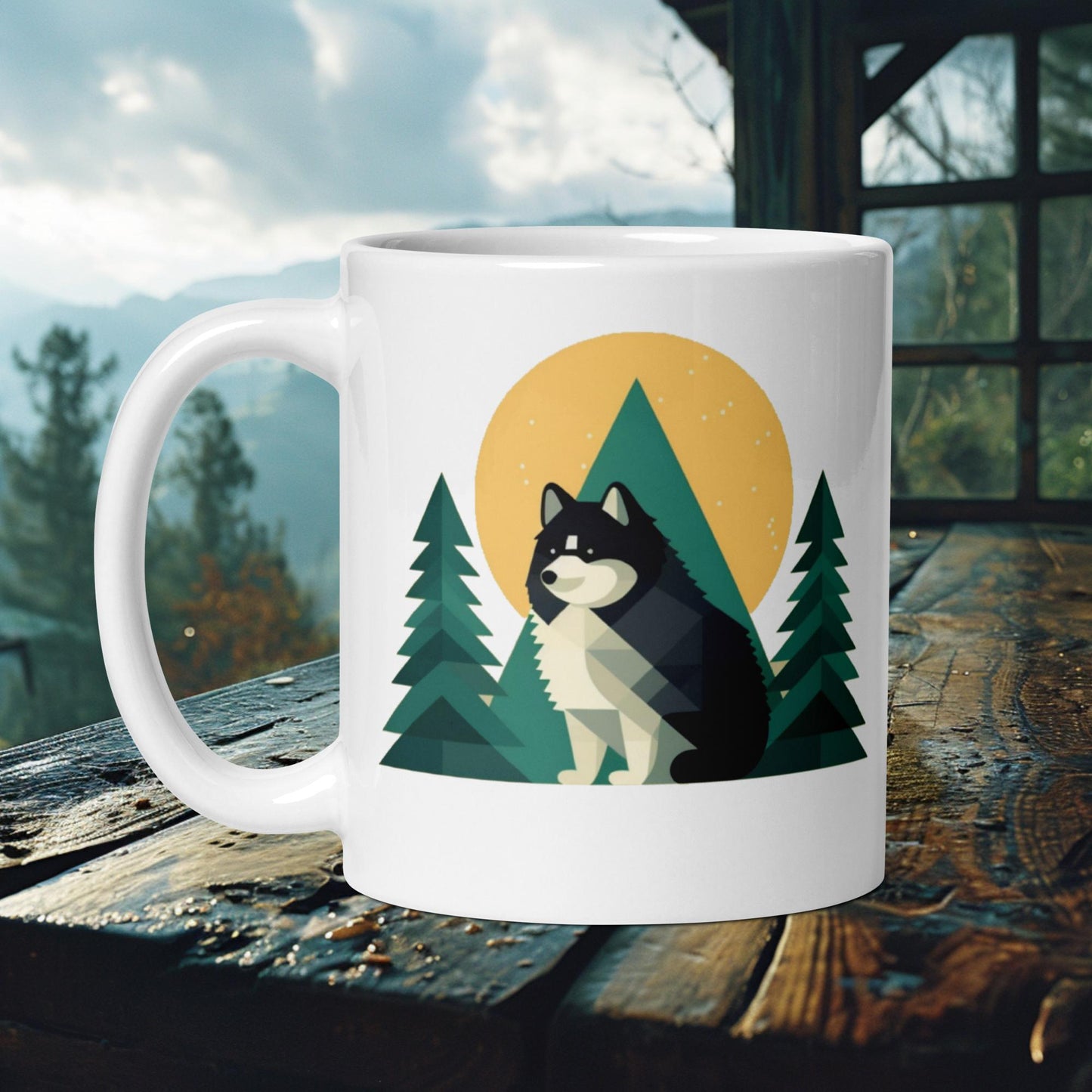 Finnish Lapphund Mug – Geometric Forest Art with Mountain Sunset