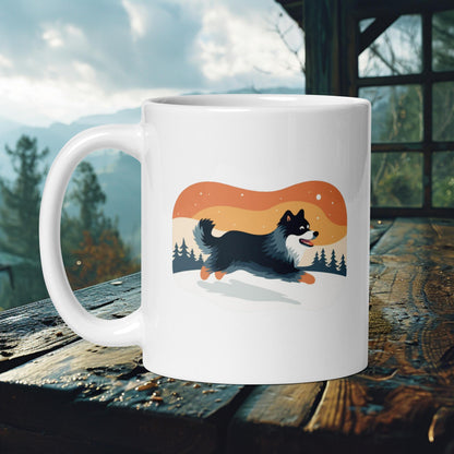 Finnish Lapphund Mug – Playful Winter Adventure in Retro Sunset Art