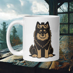 Finnish Lapphund Mug with snow goggles on a black-and-tan Lappie illustration—ideal for Nordic dog lovers and adventurers.  

