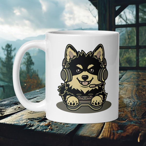 Finnish Lapphund Mug with a gamer dog wearing a headset in black-and-tan—ideal for Nordic pet lovers and gaming fans.  

