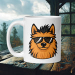Finnish Lapphund Mug with cool shades on an orange-and-black Lappie—ideal for Nordic dog fans and trendy gift seekers.  

