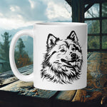 Finnish Lapphund Mug with a black silhouette Lappie against a mountain view—ideal for Nordic dog lovers and outdoor enthusiasts. 

