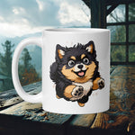 Finnish Lapphund Mug with a playful black-and-tan puppy Lappie leaping—ideal for Nordic dog lovers and gift seekers.  

