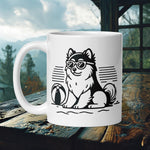 Finnish Lapphund Mug with a Lappie in sunglasses on a beach in black-and-white—ideal for Nordic dog lovers and vacation fans.  

