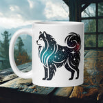 Finnish Lapphund Mug with a Lappie in a cosmic black, blue, and red galaxy—ideal for Nordic dog lovers and space enthusiasts.  

