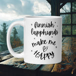 Finnish Lapphund Mug with "Finnish Lapphunds Make Me Happy" text and hearts—ideal for Nordic dog lovers and joyful gift seekers.  

