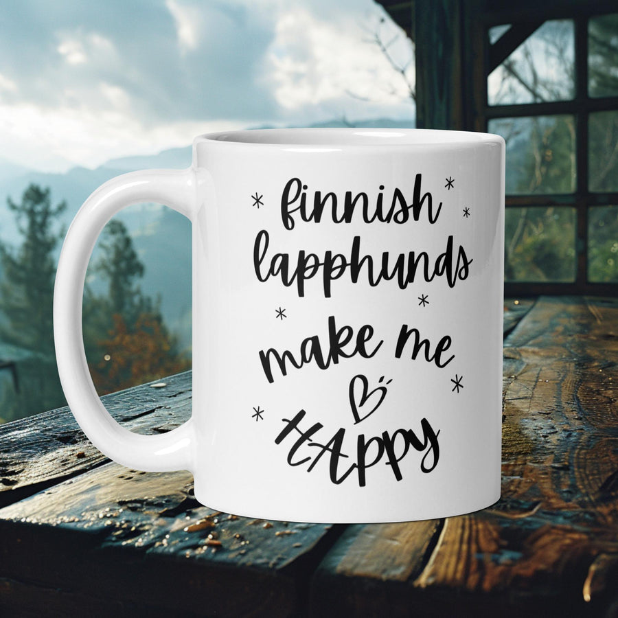 Finnish Lapphund Mug with "Finnish Lapphunds Make Me Happy" text and hearts—ideal for Nordic dog lovers and joyful gift seekers.  


