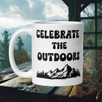 Finnish Lapphund Mug with "Celebrate the Outdoors" text and mountain silhouette—ideal for Nordic dog lovers and outdoor fans.  

