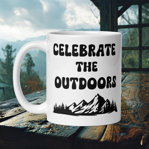 Finnish Lapphund Mug with "Celebrate the Outdoors" text and mountain silhouette—ideal for Nordic dog lovers and outdoor fans.  

