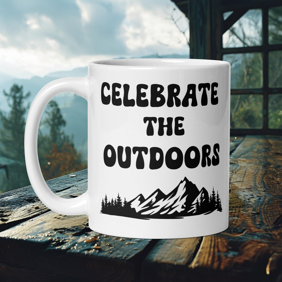 Finnish Lapphund Mug with "Celebrate the Outdoors" text and mountain silhouette—ideal for Nordic dog lovers and outdoor fans.  


