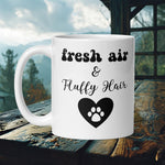 Finnish Lapphund Mug with "Fresh Air & Fluffy Hair" text and paw print heart—ideal for Nordic dog lovers and fluffy fans.  

