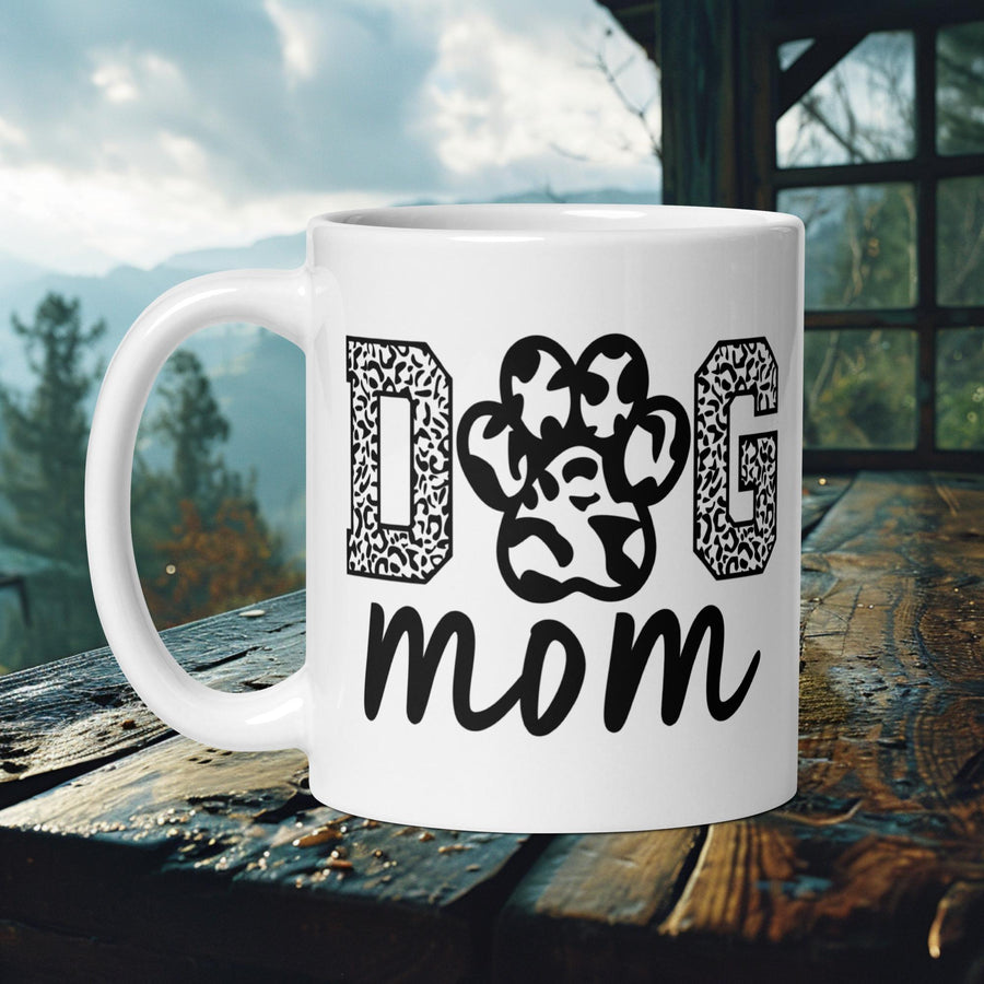 Finnish Lapphund Mug with "Dog Mom" text in paw print letters—ideal for Nordic dog lovers and pet moms.  

