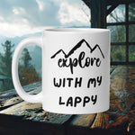 Finnish Lapphund Mug with "Explore With My Lappy" text and mountain silhouette—ideal for Nordic dog lovers and hikers.  

