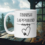 Finnish Lapphund Mug with "Finnish Lapphund Mama" text and heart paw print—ideal for Nordic pet lovers and dog mamas.  


