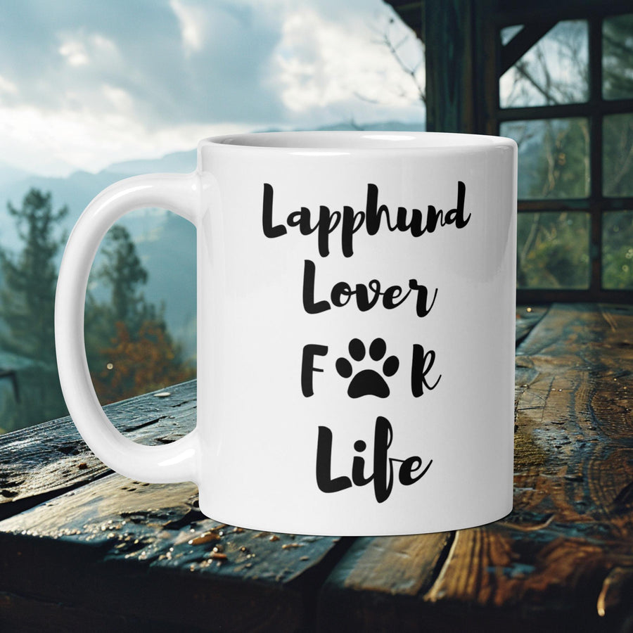 Finnish Lapphund Mug with "Lapphund Lover For Life" text and paw print—ideal for Nordic dog lovers and devoted fans.  

