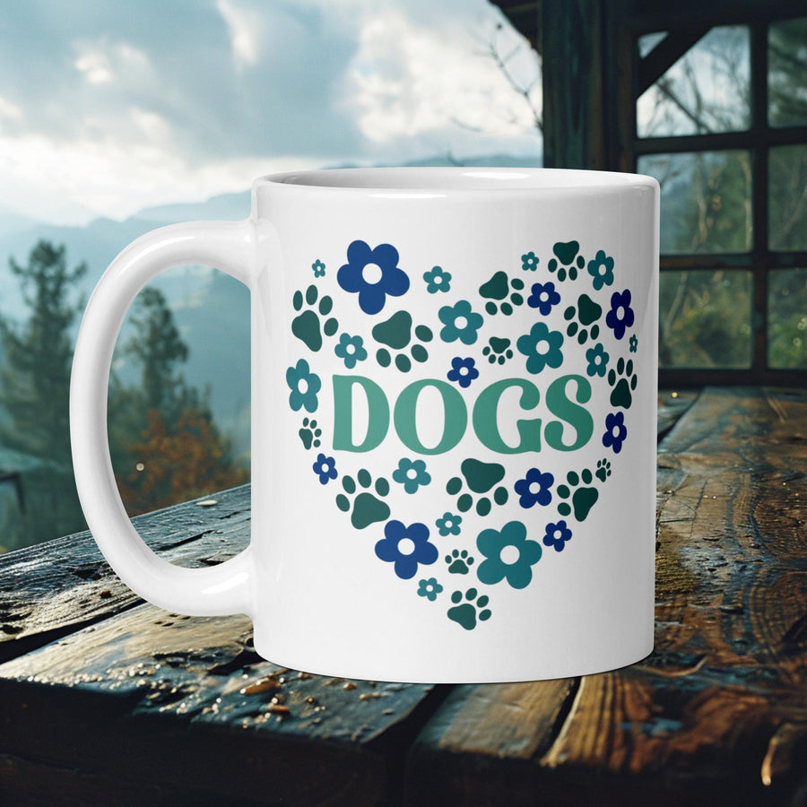Finnish Lapphund Mug with a blue and green floral paw print "Dogs" heart—ideal for Nordic dog lovers and floral fans.  


