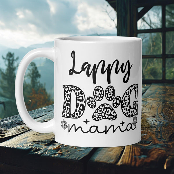 Finnish Lapphund Mug with "Lappy Mama" and paw print "DOG" text—ideal for Nordic dog lovers and dog mamas.  


