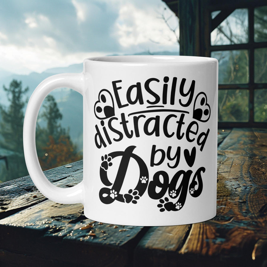 Finnish Lapphund Mug with "Easily Distracted by Dogs" text and heart paw prints—ideal for dog lovers and humor fans.  

