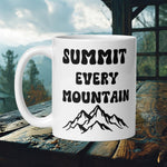 Finnish Lapphund Mug with "Summit Every Mountain" text and mountain range—ideal for dog owners and adventure seekers.  

