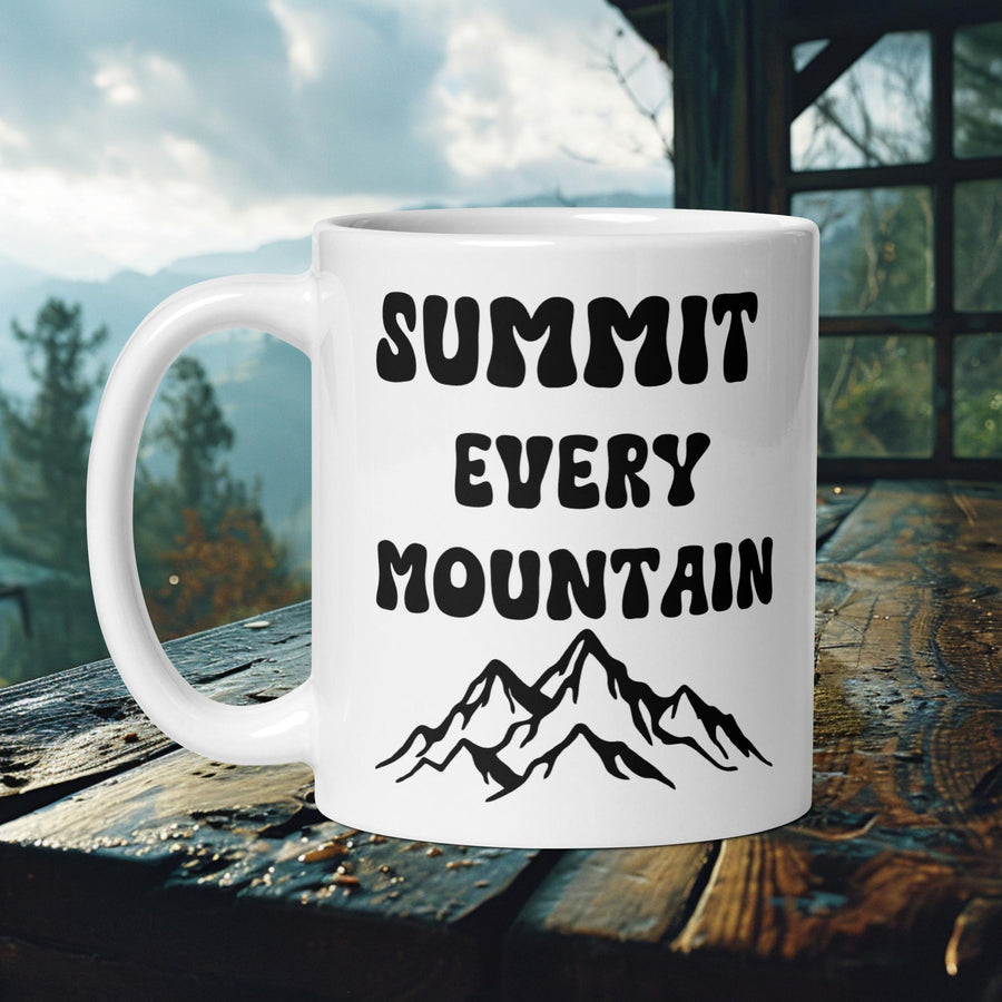 Finnish Lapphund Mug with "Summit Every Mountain" text and mountain range—ideal for dog owners and adventure seekers.  

